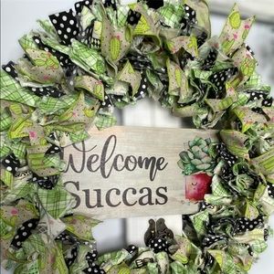 Succulent Door Wreath 20" Summer Welcome SUCCAS Cotton Fabric Rag Wreath
